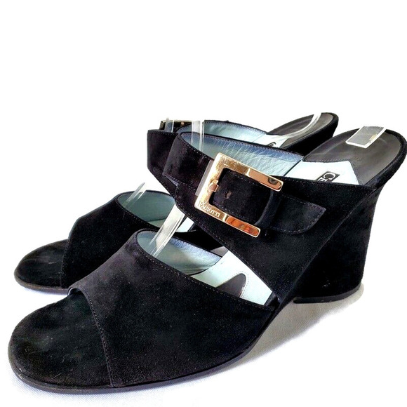 Cesare Paciotti Slides Suede Sz 39.5 Sandals Wedge Heel Buckle Strap Italy $695 - Picture 1 of 12